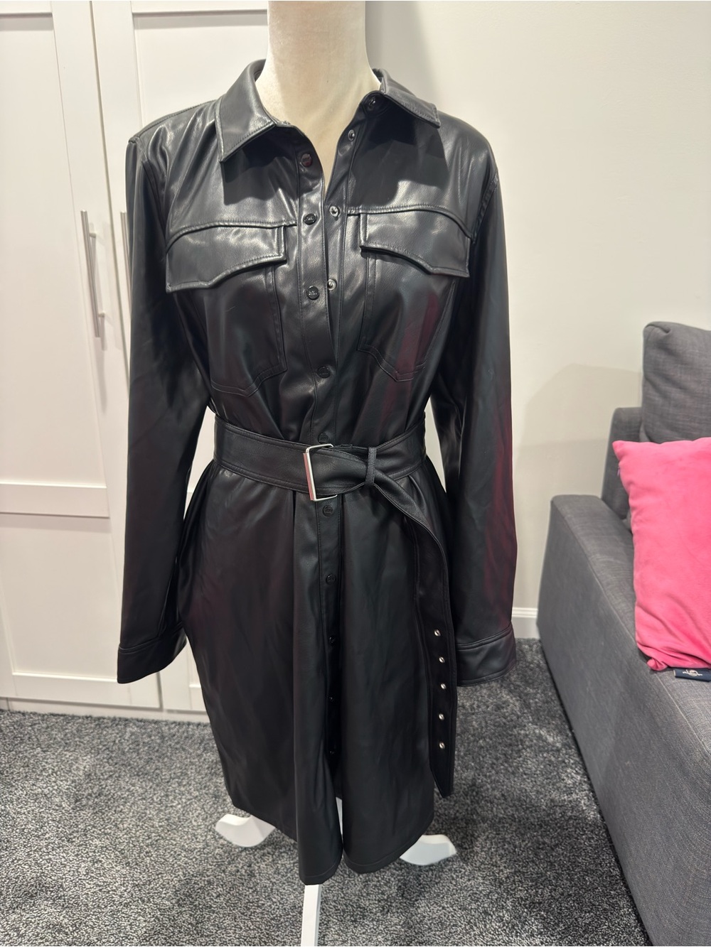 DJNY Faux Leather Belted Shirt Dress